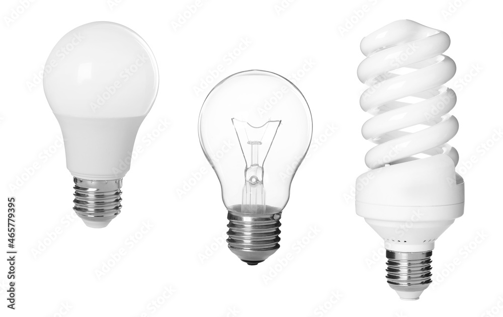 Comparison of different light bulbs on white background, collage Comparison of different light bulbs on white background, collage