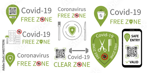 A set of signs for different business areas with covid-19 free zone message. Illustration with the public location safe for health. Public covid-free places for vaccinated customers. Perfect for an en