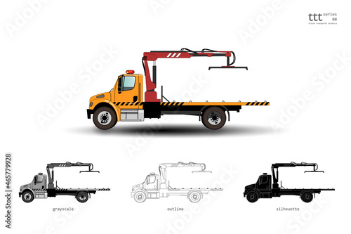 Insulated yellow truck with red boom. Tow truck with lift flatbed.