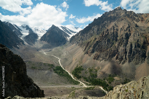 Mountain river flows down from the glacier