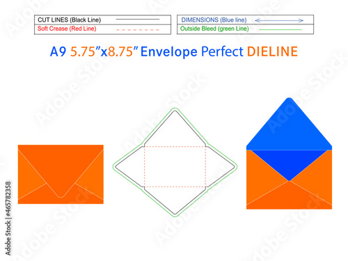 Contour flap or A9 envelope 5.75x8.75 inch dieline template and 3D envelope Editable easily resizable photo