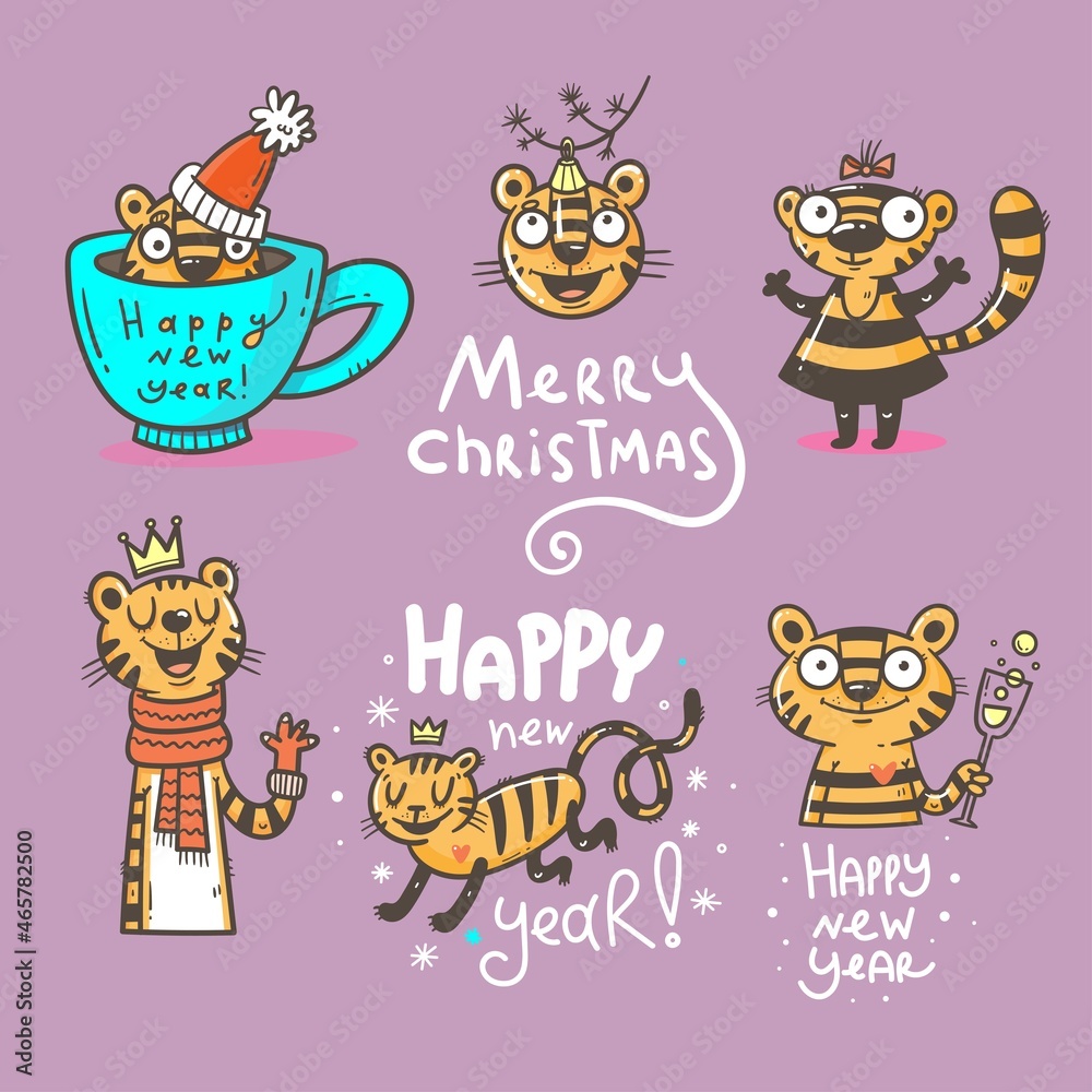 Fototapeta premium New Year set with tigers. Chinese calendar symbol colllection. Vector holiday poster. Funny animals group.