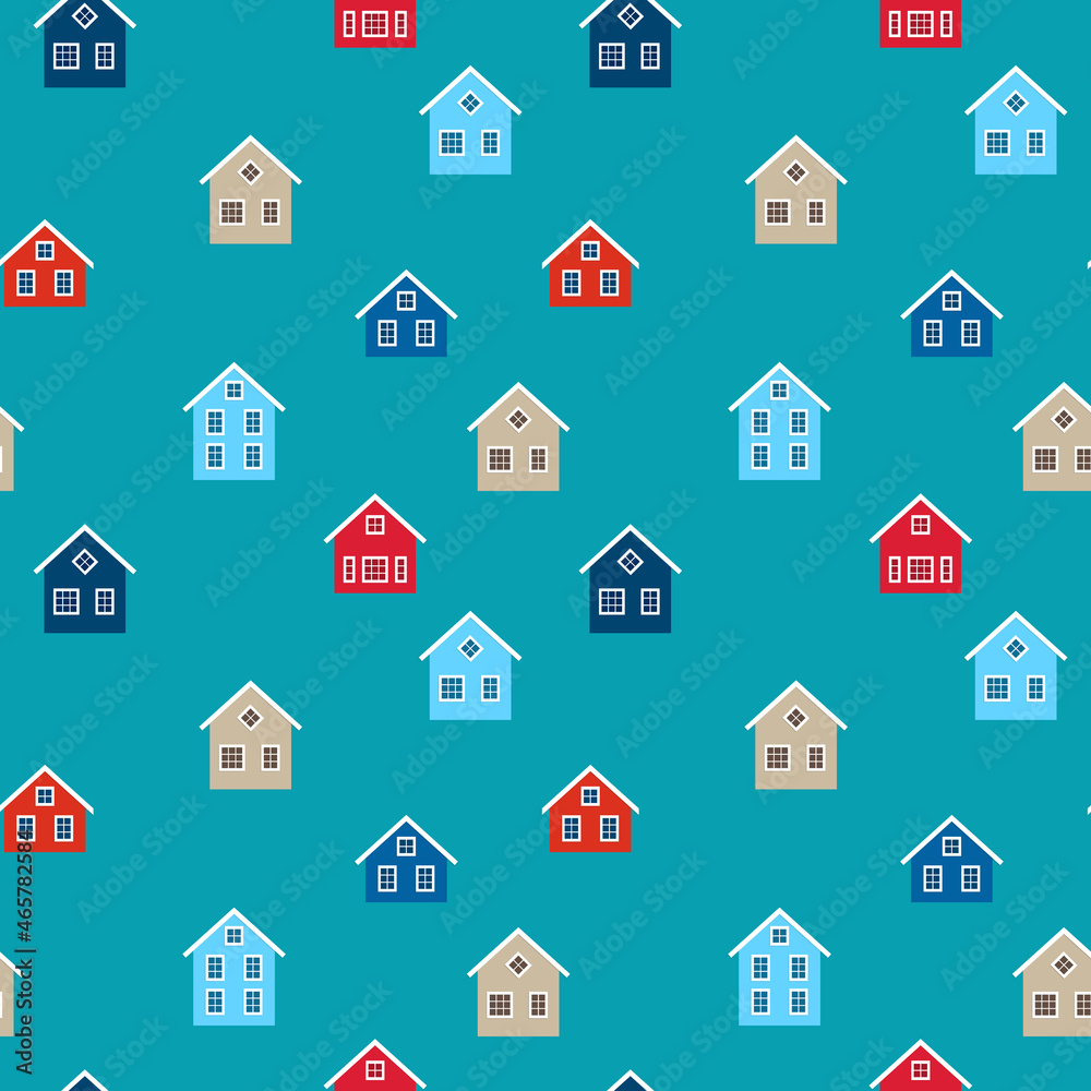 Colored houses on a turquoise background. Seamless pattern for print. Vector, illustration Colored houses on a turquoise background. Seamless pattern for print. Vector, illustration