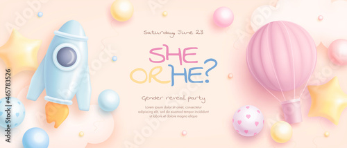 He or she. Cartoon gender reveal invitation template. Horizontal banner with realistic rocket, hot air balloon and helium balloons. Vector illustration