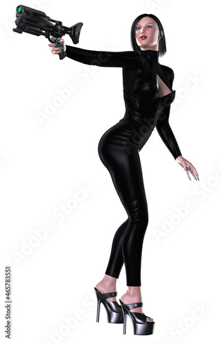 woman in a black dress with gun, 3d rendering