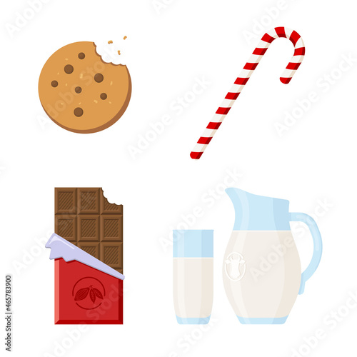 Sweet Goodies Collection. Flat Style. Chocolate, Coockie, Cacao and Milk. Winter Goodies Icons Set for logo, label; sticker, print, recipe, menu decor and decoration