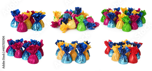 Set with tasty candies in colorful wrappers on white background. Banner design