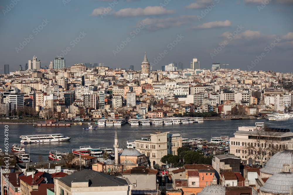 Bosphorus straight with view of galata tower in Istanbul turkey