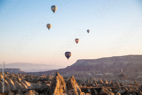 hot air balloons flying over Cappadocia Region of turkey
