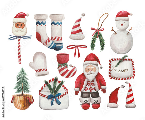 Large watercolor set on the theme of Christmas and New Year's holidays. Contains all the necessary elements for a beautiful composition. Santa Claus, a letter with a list of gifts, mantel socks etc. 