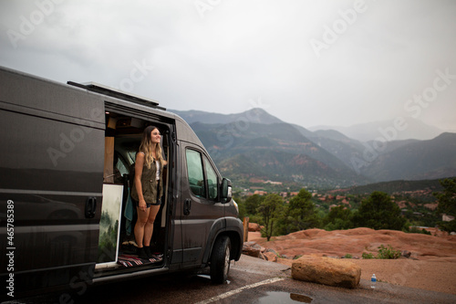 girl living in her van in the mountains of Colorado
