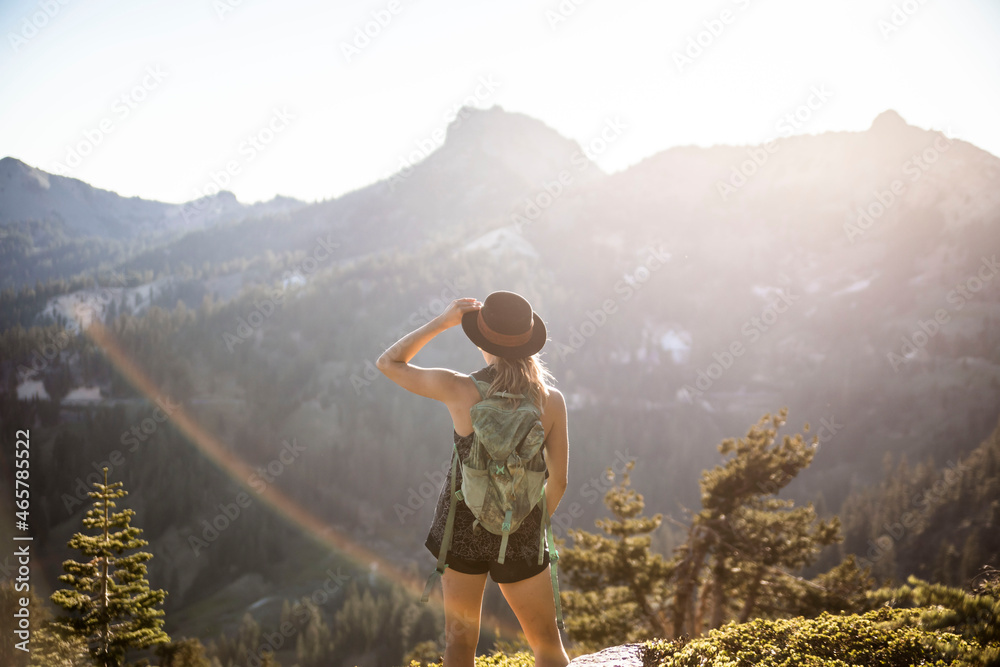 girl overlooking mountains in national park in California