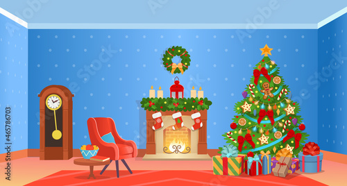 Wallpaper Mural Christmas interior with fireplace, Christmas tree, window, armchairs, bookshelf, desk. Сartoon vector illustration. Torontodigital.ca