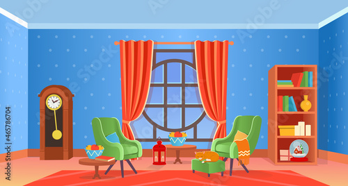 Christmas interior with fireplace, Christmas tree, window, armchairs, bookshelf, desk. Сartoon vector illustration.