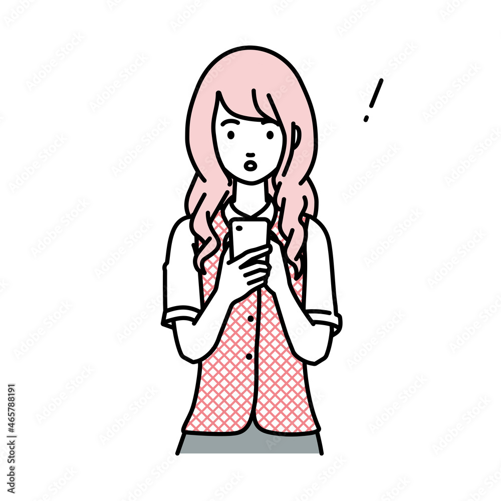 立ってスマートフォンを操作して何かに気づいて驚いた事務員制服の女性