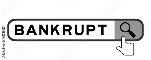 Search banner in word bankrupt with hand over magnifier icon on white background
