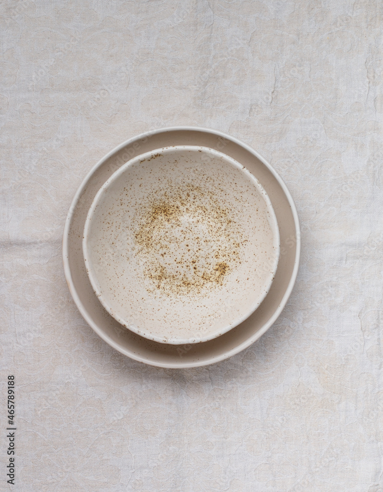 empty grey plates and linen napkin. Cooking background. Rustic style. Selective focus. Top view, copy space empty grey plates and linen napkin. Cooking background. Rustic style. Selective focus. Top view, copy space