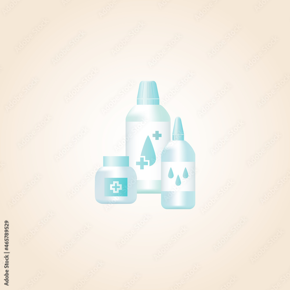 Vector icon of three blue bottle with chemicals for a water treatment. Realistic isolated illustration of plastic tubes with crosses and drops on labels for aqua cleaning Vector icon of three blue bottle with chemicals for a water treatment. Realistic isolated illustration of plastic tubes with crosses and drops on labels for aqua cleaning