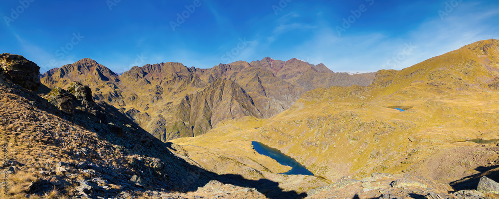 Panoramic view from the top of the ridge going up to the solar viewpoint of Trtiana. Arcalis, Ordino, Andorra.