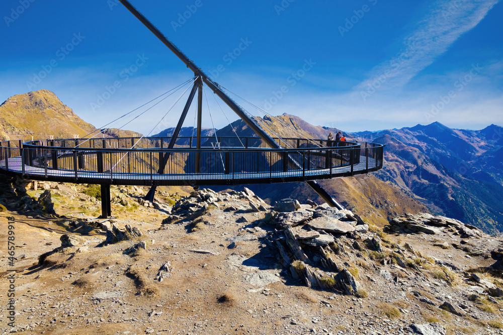 Obraz na płótnie View of the solar viewpoint of Triataina with a structure that allows you to see the landscape at 360º. Arcalis, Ordino, Andorra w salonie