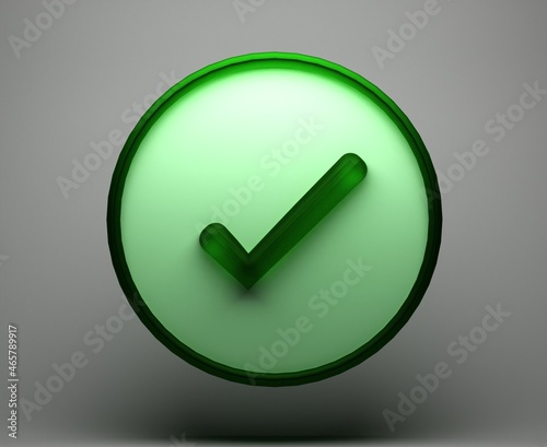Free Download check mark icon symbol or green colored symbol coated with approved glass material on gray background confirmation, 3D rendering. - GFXLoad