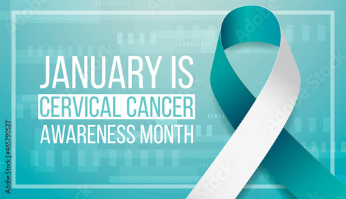 Cervical cancer awareness month banner with teal and white ribbon awareness and text. Vector illustration.