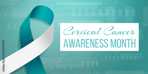 Cervical cancer awareness month banner with teal and white ribbon awareness and text. Vector illustration.