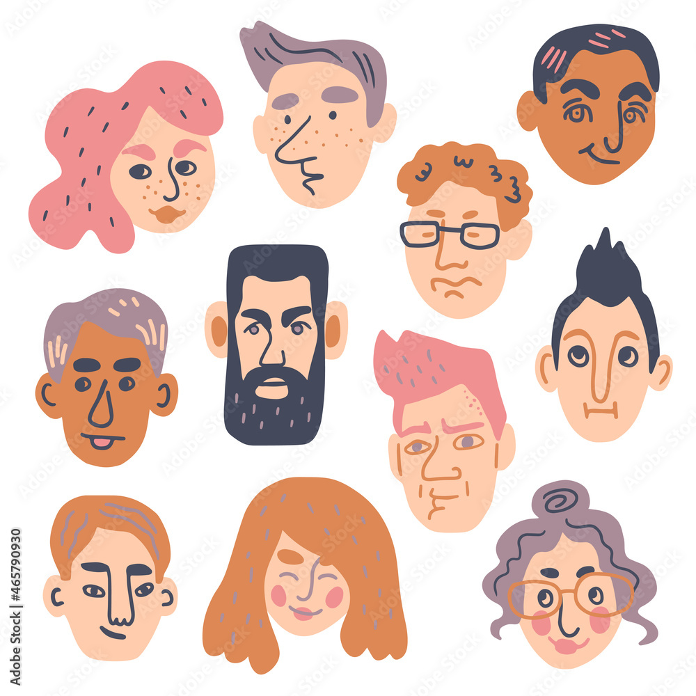 Set of different human faces with various expressions. Doodle style hand drawn vector illustration Set of different human faces with various expressions. Doodle style hand drawn vector illustration