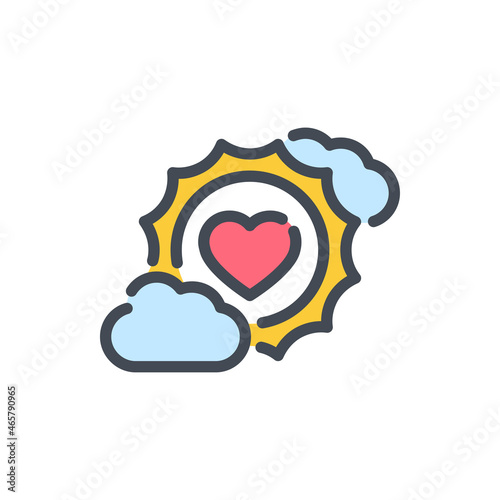 Cloud and sun with heart color line icon. Love weather vector outline colorful sign.