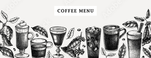 Hand-sketched coffee banner design. Vector sketches of  mugs with aromatic caffeine drinks templates. With botanical coffee plants, leaves and beans in vintage style. Vector beverages background