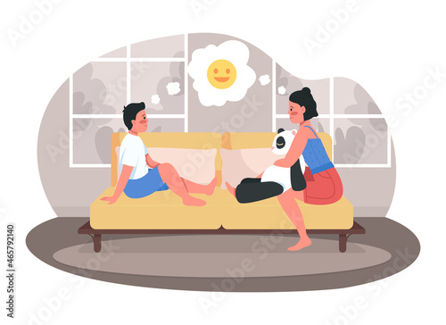 Teenage siblings bodning 2D vector isolated illustration. Young sister and brother sitting on couch at home flat characters on cartoon background. Family relationships colourful scene