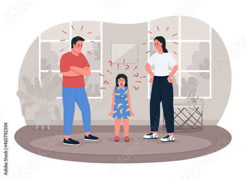 Family fighting 2D vector isolated illustration. Kid stressed over mom and dad. Arguing parents and upset child flat characters on cartoon background. Troubled relationships colourful scene