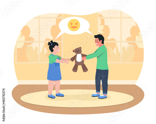 Kids sharing toy 2D vector isolated illustration. Kindergarten children. Preschoolers bonding during playtime. Siblings flat characters on cartoon background. Friendship colourful scene