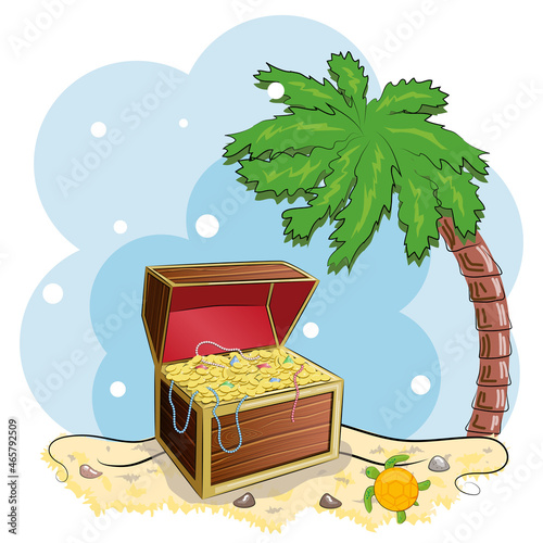 Opened wooden chest with treasures on the beach with palm trees.