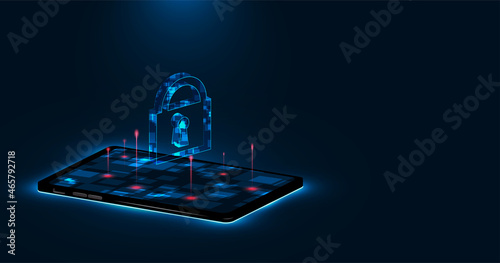 Data security is symbolized by the image of a padlock. Technology safety emblem with a phone and a padlock.