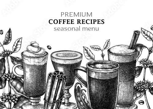 Hand-sketched coffee banner template. Vector sketches of mugs with aromatic caffeine drinks. With botanical coffee plants, leaves and beans in vintage style. Vector beverages design