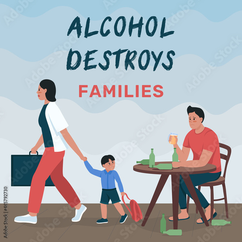 Family separation social media post mockup. Alcohol destroys families phrase. Web banner design template. Divorce booster, content layout with inscription. Poster, print ads and flat illustration
