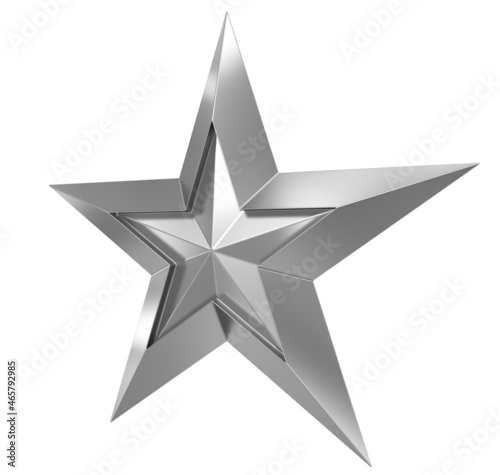 5 point star - Christmas Star - silver metal single isolated on white - 3d rendering