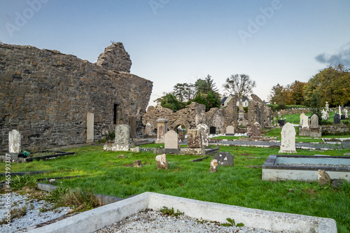 The sun is setting above the Abbey Graveyard which was build by Hugh O Donnell in 1474 - all names and artwork removed