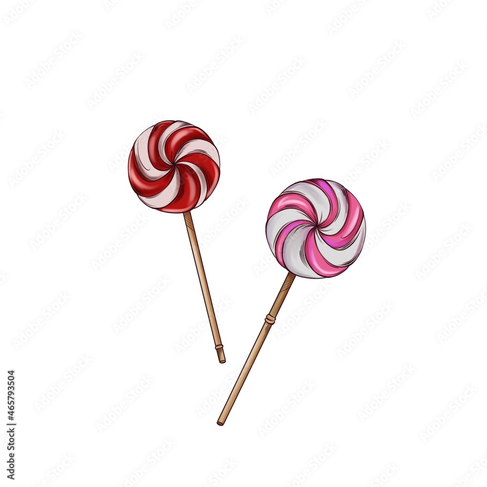 illustration of colored sweet lollipops spirals on a stick