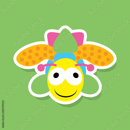 Cute butterfly sticker for baby decoration. Vector cartoon illustration on green background