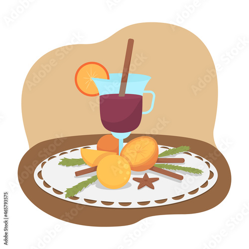 Mulled wine 2D vector isolated illustration. Hot punch with spices and oranges for Christmas. Autumnal warm drink flat composition on cartoon background. Fall festive treats colourful scene