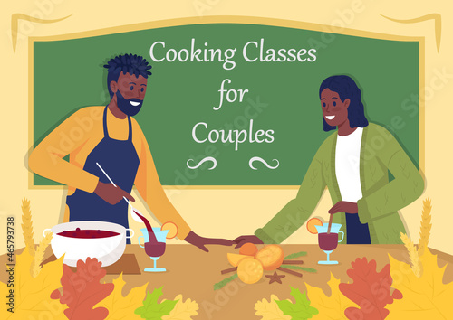 Fall cooking classes for couples poster flat vector template. Autumn activity. Brochure, booklet one page concept design with cartoon characters. Dating flyer, leaflet with copy space