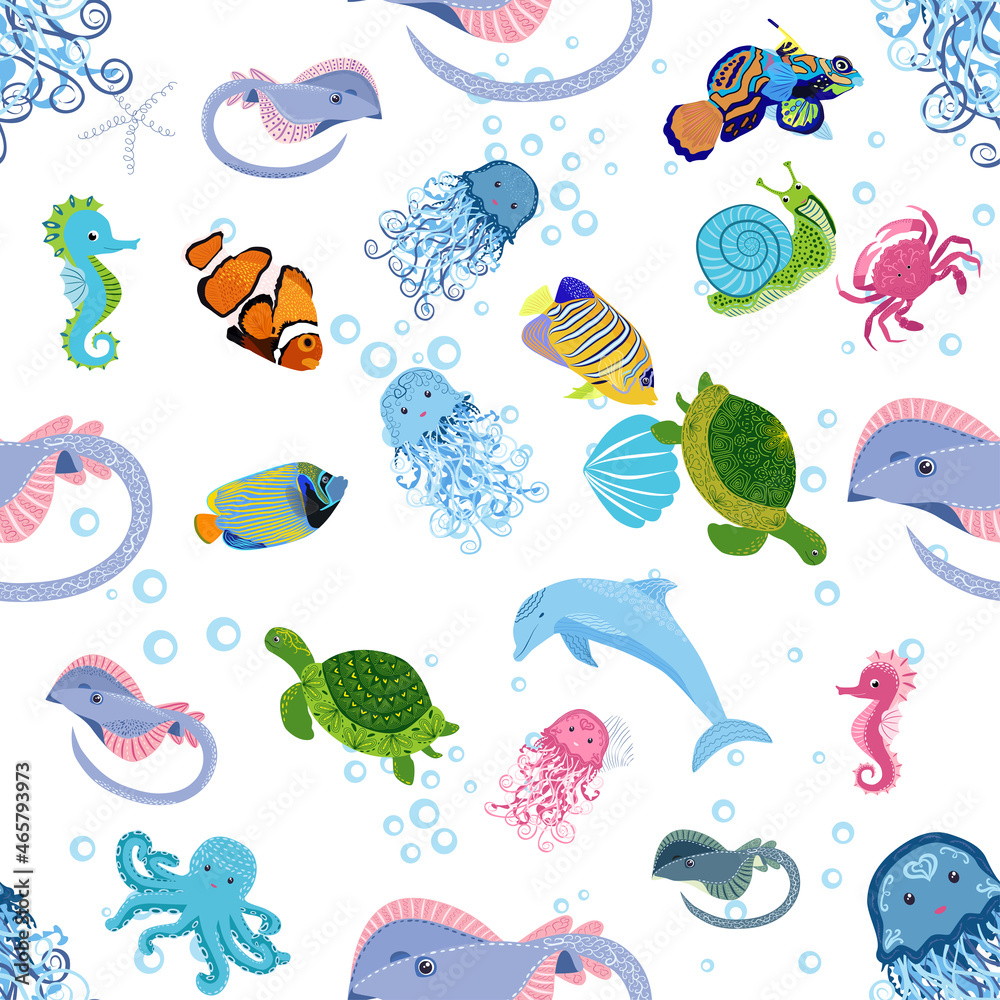Marine life, fish, animals bright seamless pattern. sea travel, underwater diving animal tropical fish. Jellyfish, whale, shark, seahorse, clown fish, dolphin, turtle, emperor Marine life, fish, animals bright seamless pattern. sea travel, underwater diving animal tropical fish. Jellyfish, whale, shark, seahorse, clown fish, dolphin, turtle, emperor