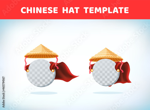 Traditional asian hat. Chinese conical straw hat. Masquerade costume headdress. Carnival or Halloween mask. Cartoon Vector illustration. Red cape. Cartoon template. Traditional asian style.