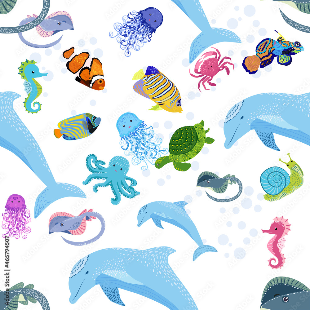 Marine life, fish, animals bright seamless pattern. sea travel, underwater diving animal tropical fish. Jellyfish, whale, shark, seahorse, clown fish, dolphin, turtle, emperor Marine life, fish, animals bright seamless pattern. sea travel, underwater diving animal tropical fish. Jellyfish, whale, shark, seahorse, clown fish, dolphin, turtle, emperor