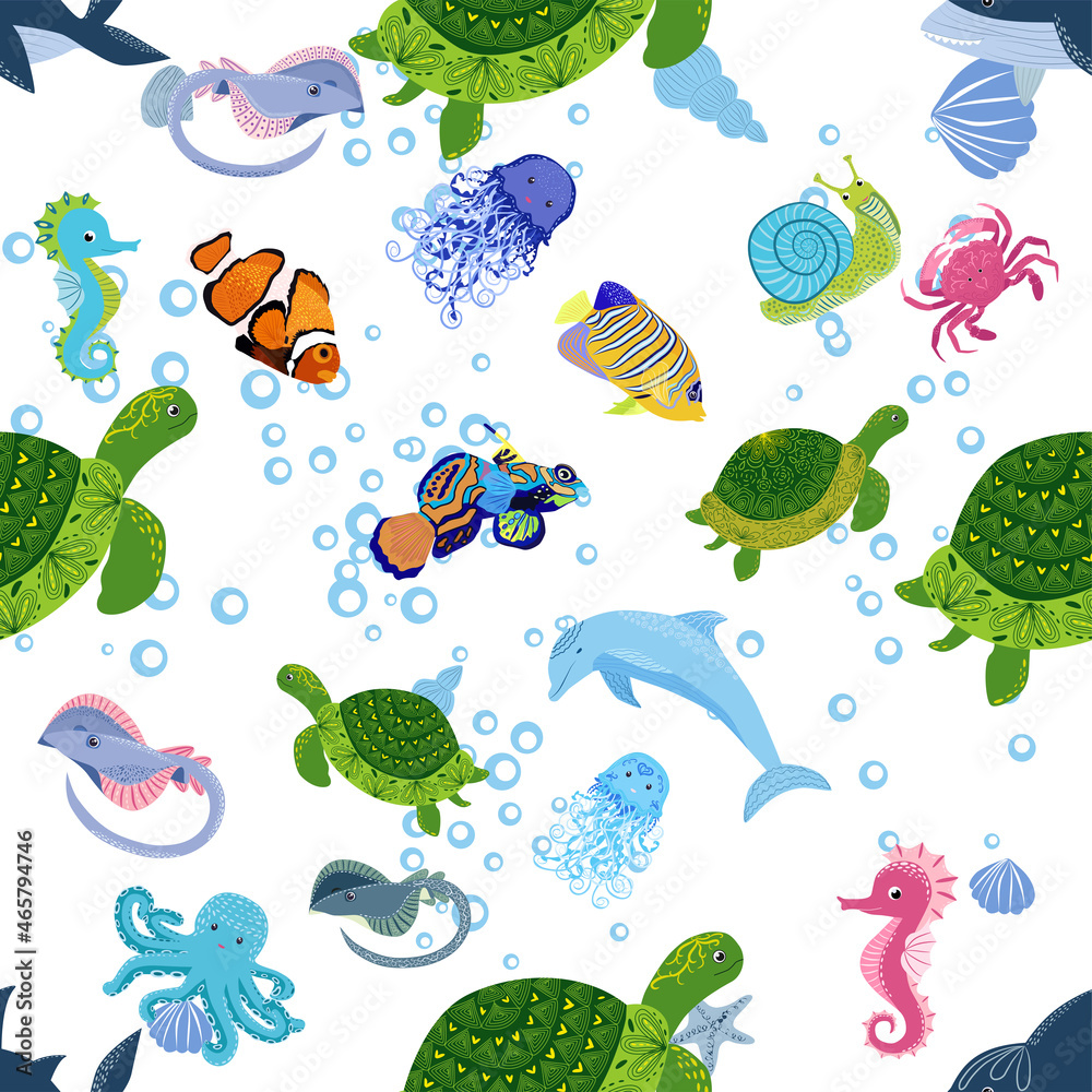 Marine life, fish, animals bright seamless pattern. sea travel, underwater diving animal tropical fish. Jellyfish, whale, shark, seahorse, clown fish, dolphin, turtle, emperor Marine life, fish, animals bright seamless pattern. sea travel, underwater diving animal tropical fish. Jellyfish, whale, shark, seahorse, clown fish, dolphin, turtle, emperor