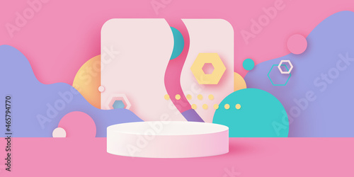 3D Podium scene or pedestal on pastel background with minimal geometric shapes paper cut craft studio for display product mockup design. Waves,circles, hexagons.