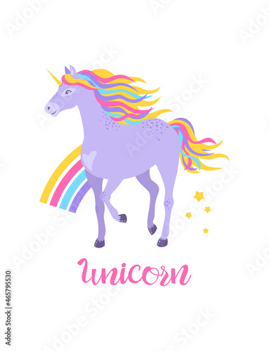 Cute purple unicorn with rainbow and stars for design. Vector fantastic character for t-shirts, cards, stickers, embroidery, isolated on white background