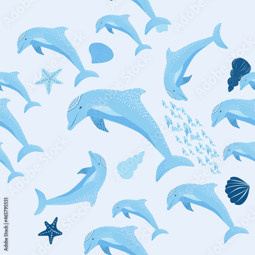 Dolphin, sea inhabitants seamless pattern, beautiful character among seashells, algae, starfish, marine wildlife